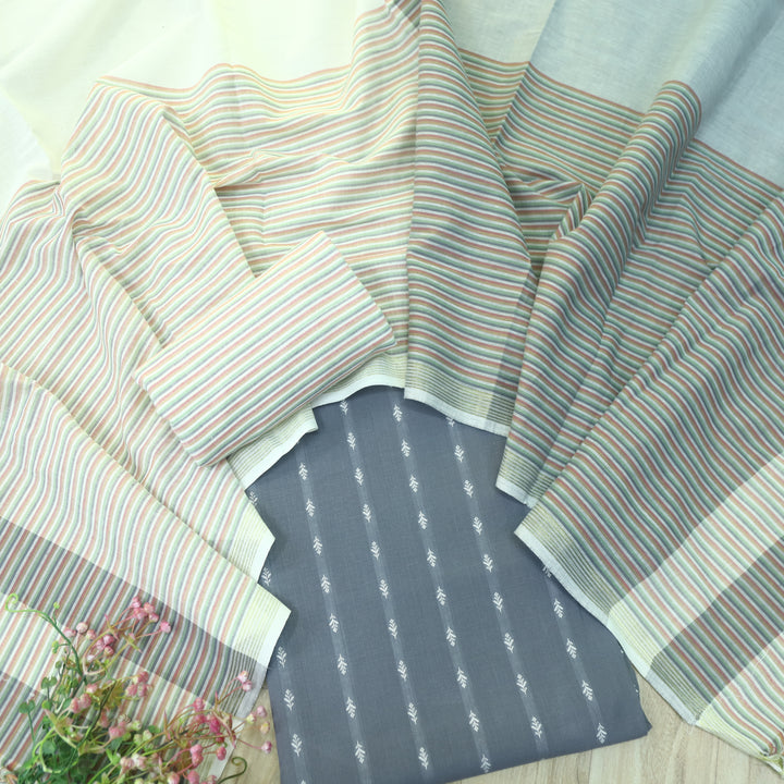 Falaq Fossil Grey With White Thread Weaved Handloom Cotton Suit Set