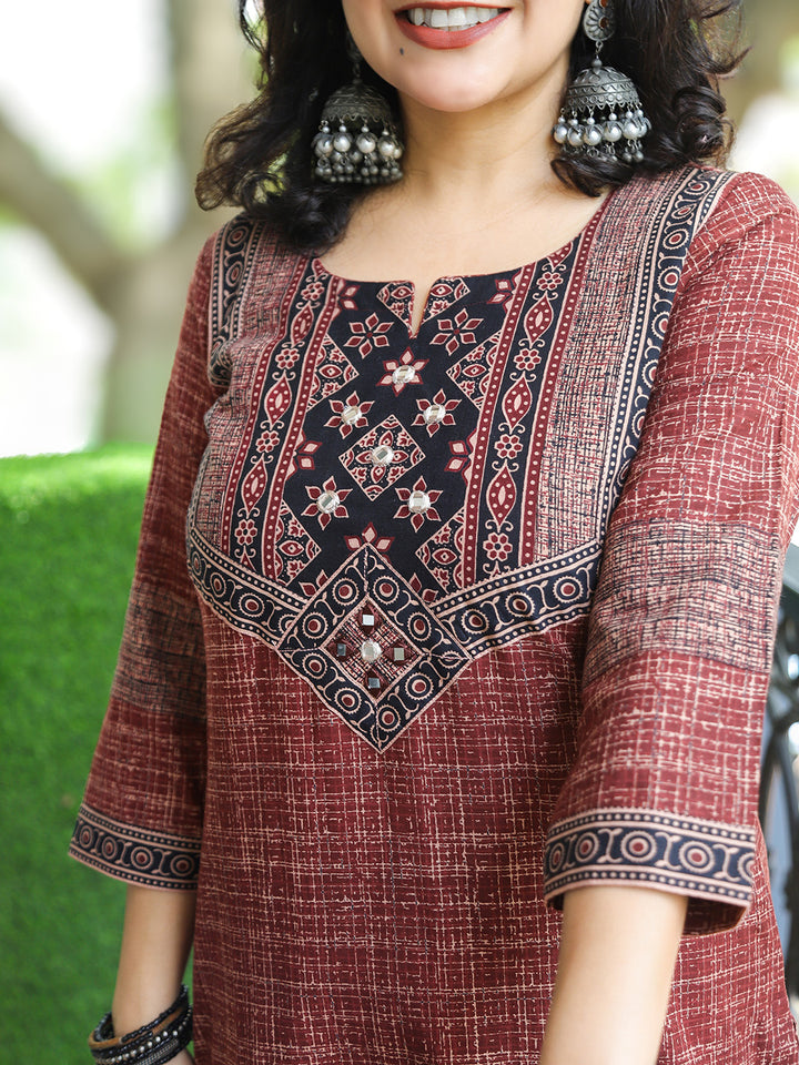 Zariya Maroon Red Ajrakh Yoke Rusted Checked Cotton Kurti