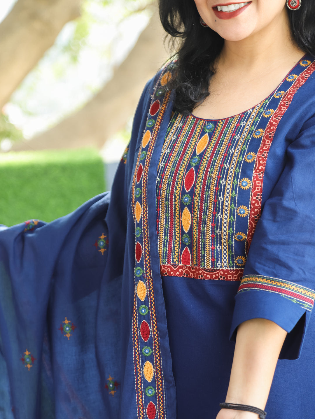 Laadli Royal Blue Embriodered Yoke with Patra Work Cotton 3 Piece Set