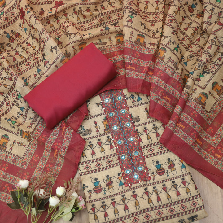 Reshmi Beige Patra Neck with Thread Details Mauve Pink Verli Printed Cotton Linen Set D2