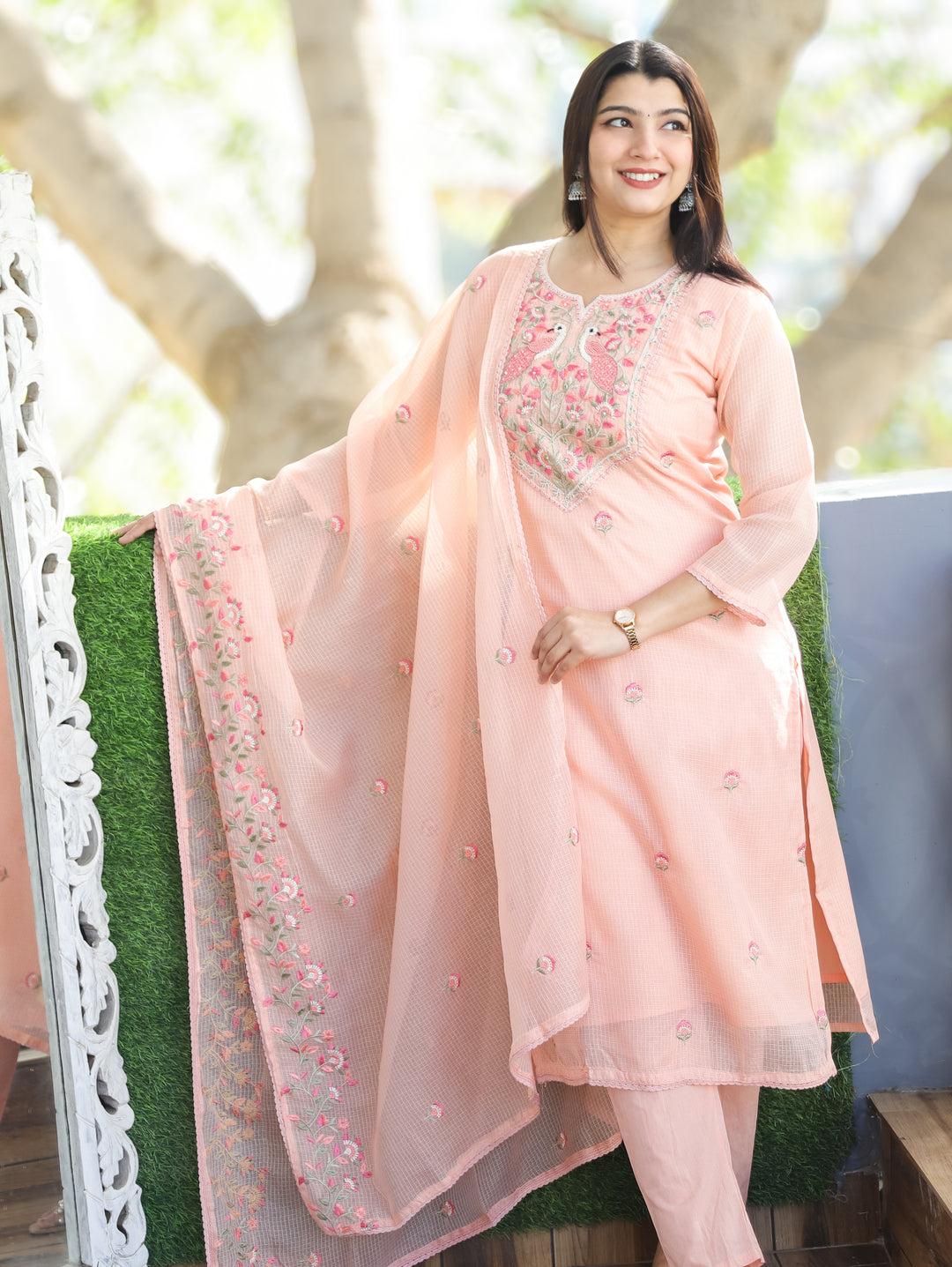 Aadhira Pastel Peach Embroidered Yoke with Moti Work Kota Doriya 3 Piece Set