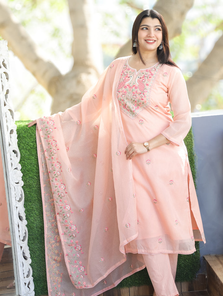 Aadhira Pastel Peach Embroidered Yoke with Moti Work Kota Doriya 3 Piece Set
