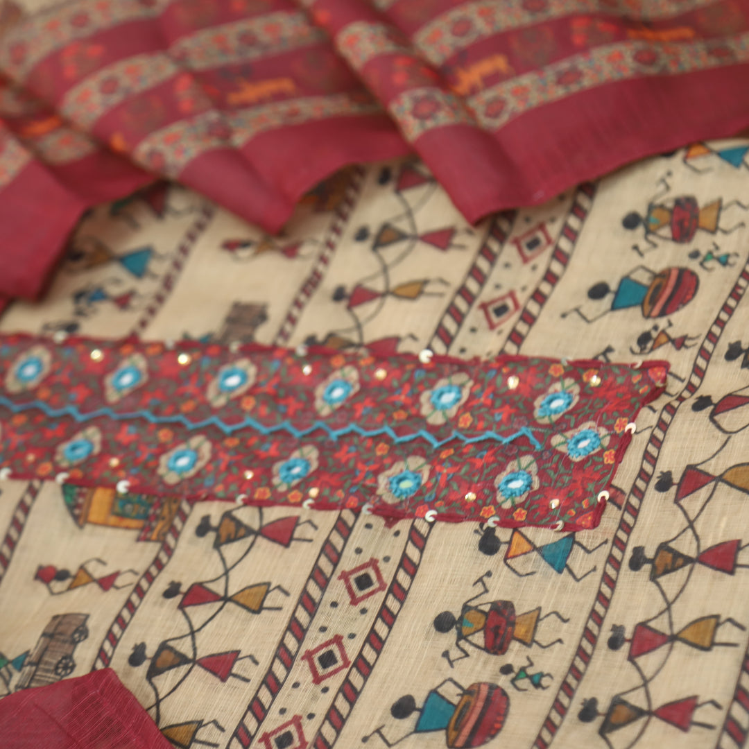 Reshmi Beige Patra Neck with Thread Details Mauve Pink Verli Printed Cotton Linen Set D2