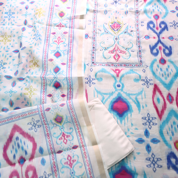 Mahima Pearl White with Mirror Work Panel Printed Mul Chanderi Set