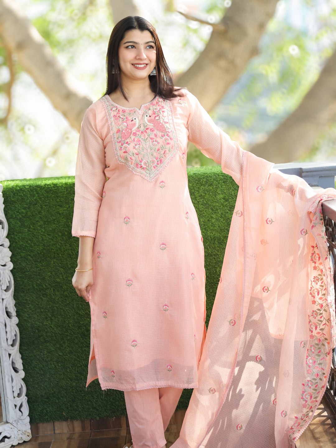 Aadhira Pastel Peach Embroidered Yoke with Moti Work Kota Doriya 3 Piece Set