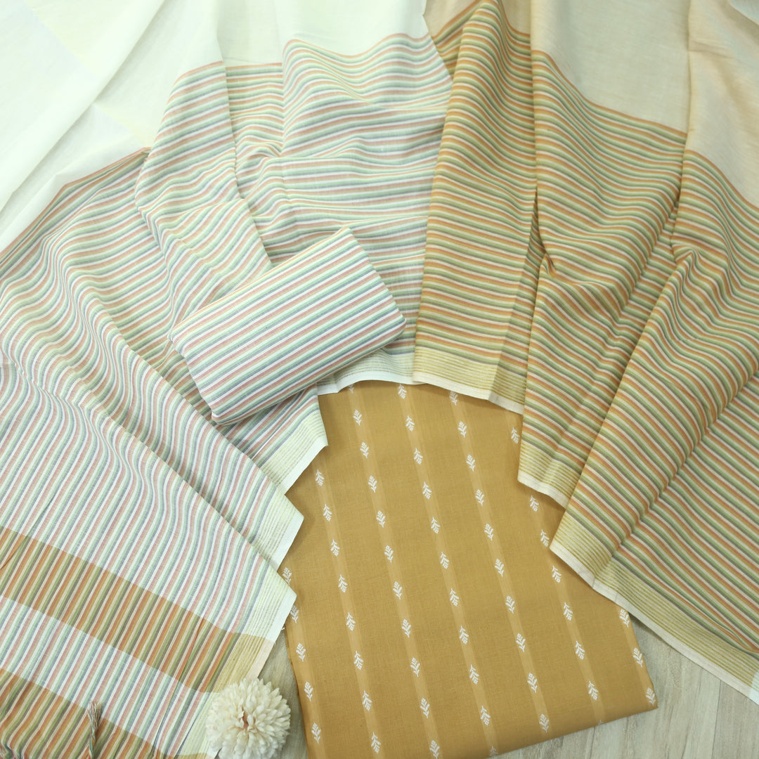 Falaq Peanut Yellow With White Thread Weaved Handloom Cotton Suit Set
