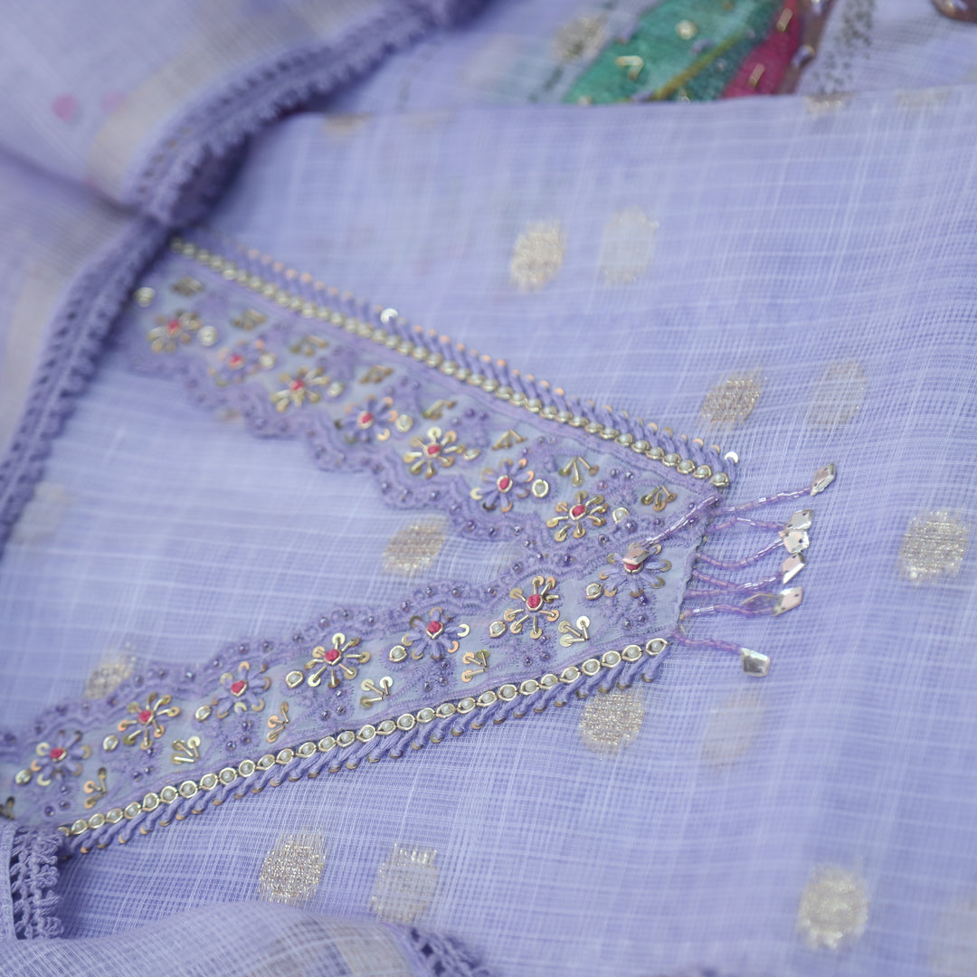 Sahiba Jamuni Purple Knot and Spiral V Neck Lace Work Floral Printed Hem Kota Doriya Set