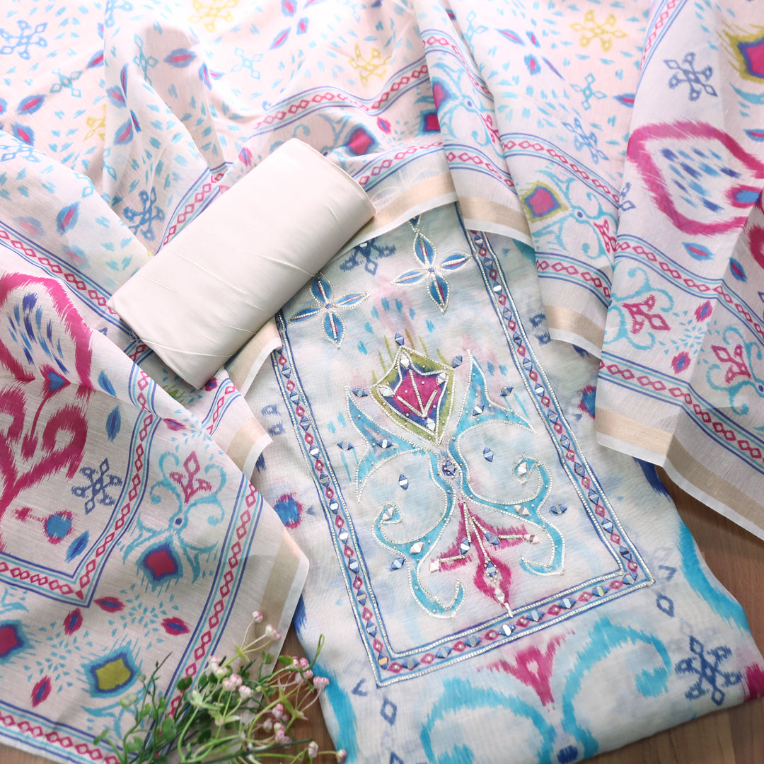 Mahima Pearl White with Mirror Work Panel Printed Mul Chanderi Set