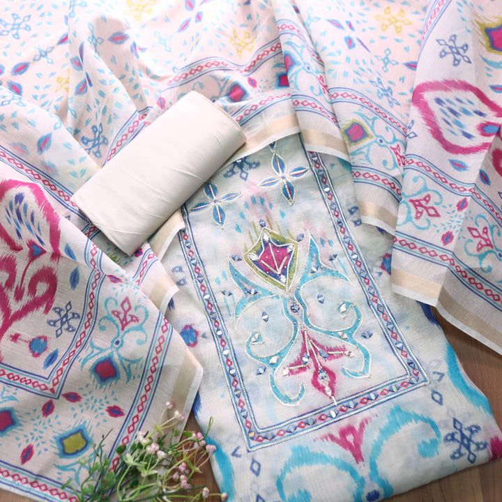 Mahima Pearl White with Mirror Work Panel Printed Mul Chanderi Set