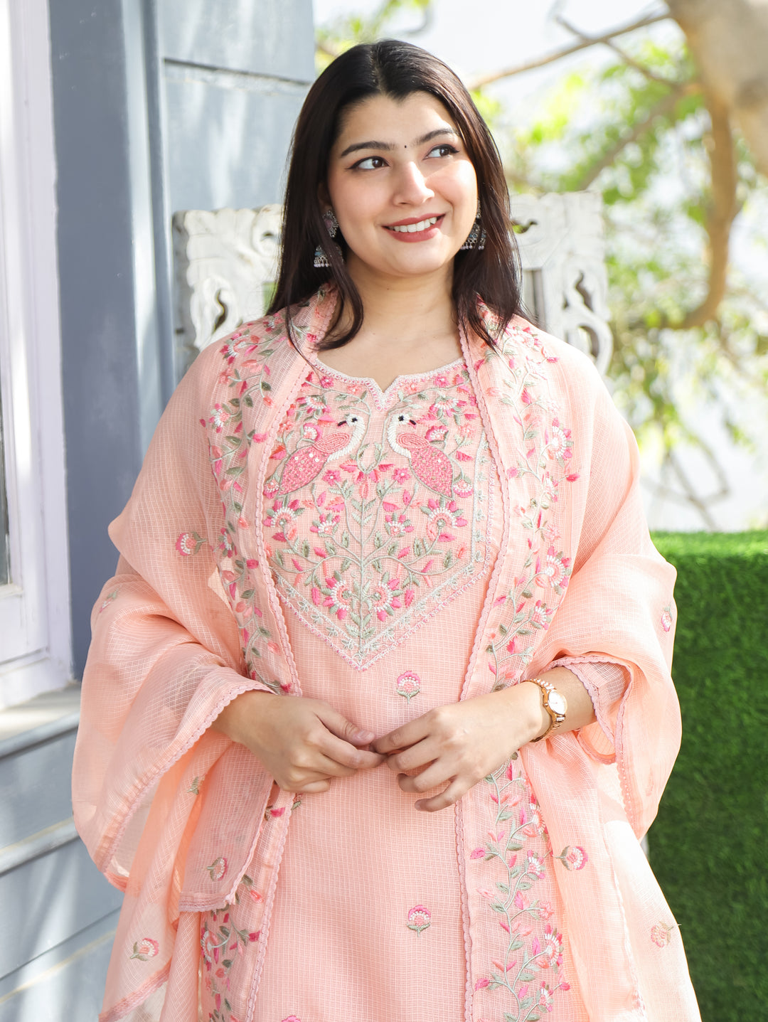 Aadhira Pastel Peach Embroidered Yoke with Moti Work Kota Doriya 3 Piece Set
