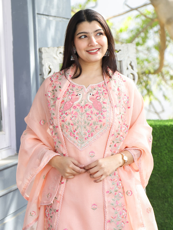 Aadhira Pastel Peach Embroidered Yoke with Moti Work Kota Doriya 3 Piece Set