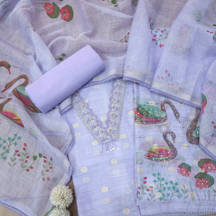 Sahiba Jamuni Purple Knot and Spiral V Neck Lace Work Floral Printed Hem Kota Doriya Set