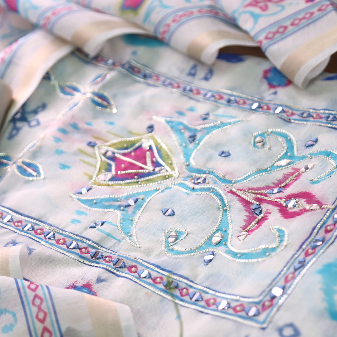 Mahima Pearl White with Mirror Work Panel Printed Mul Chanderi Set