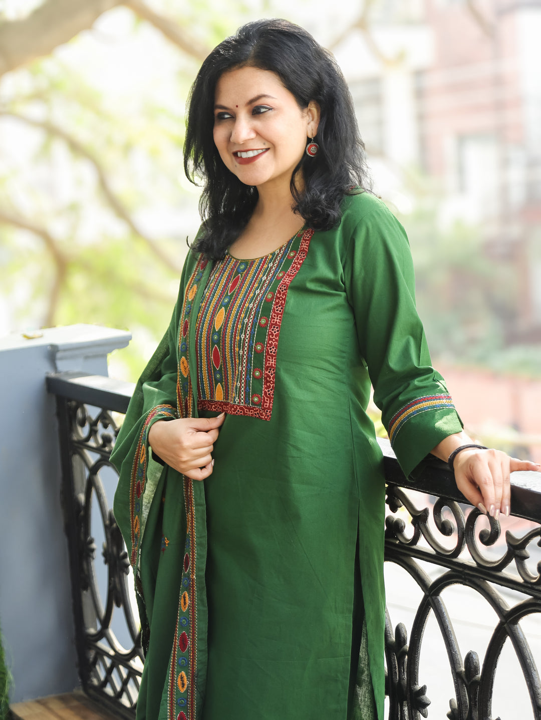 Laadli Grass Green Embriodered Yoke with Patra Work Cotton 3 Piece Set