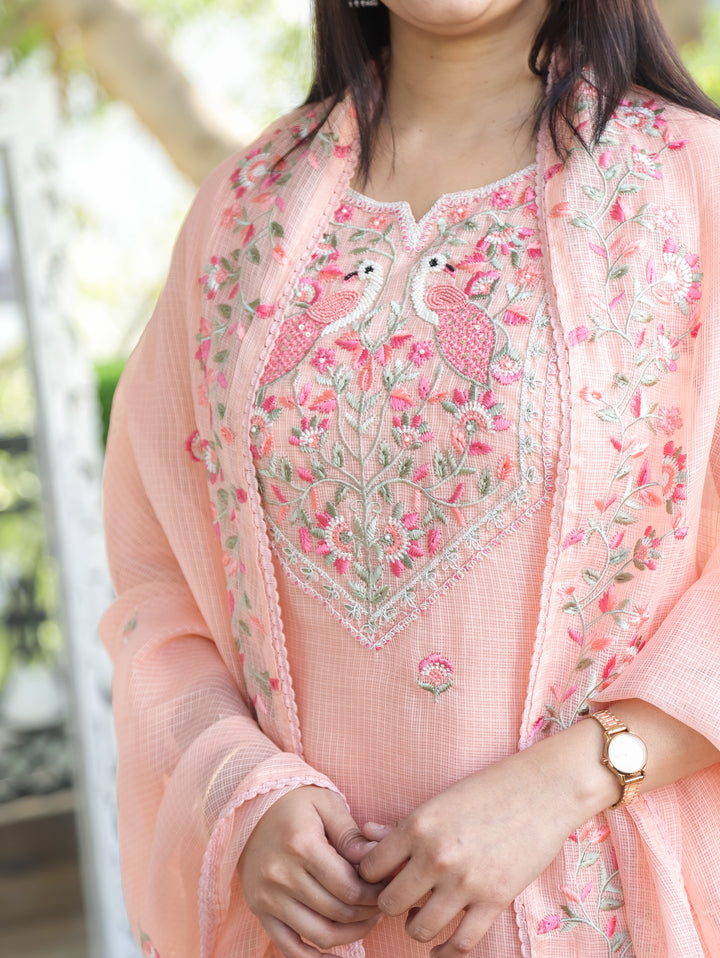 Aadhira Pastel Peach Embroidered Yoke with Moti Work Kota Doriya 3 Piece Set