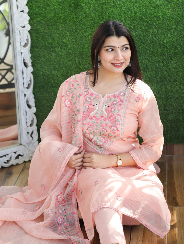 Aadhira Pastel Peach Embroidered Yoke with Moti Work Kota Doriya 3 Piece Set
