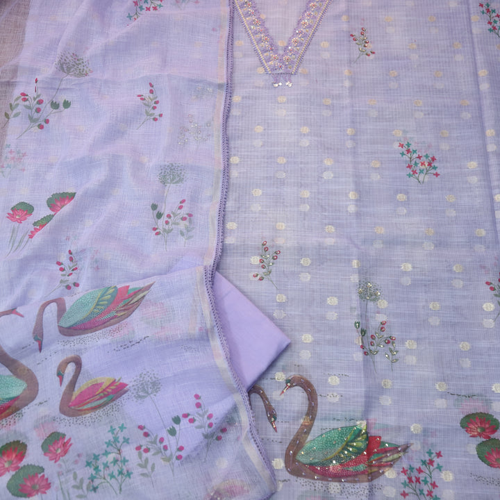 Sahiba Jamuni Purple Knot and Spiral V Neck Lace Work Floral Printed Hem Kota Doriya Set