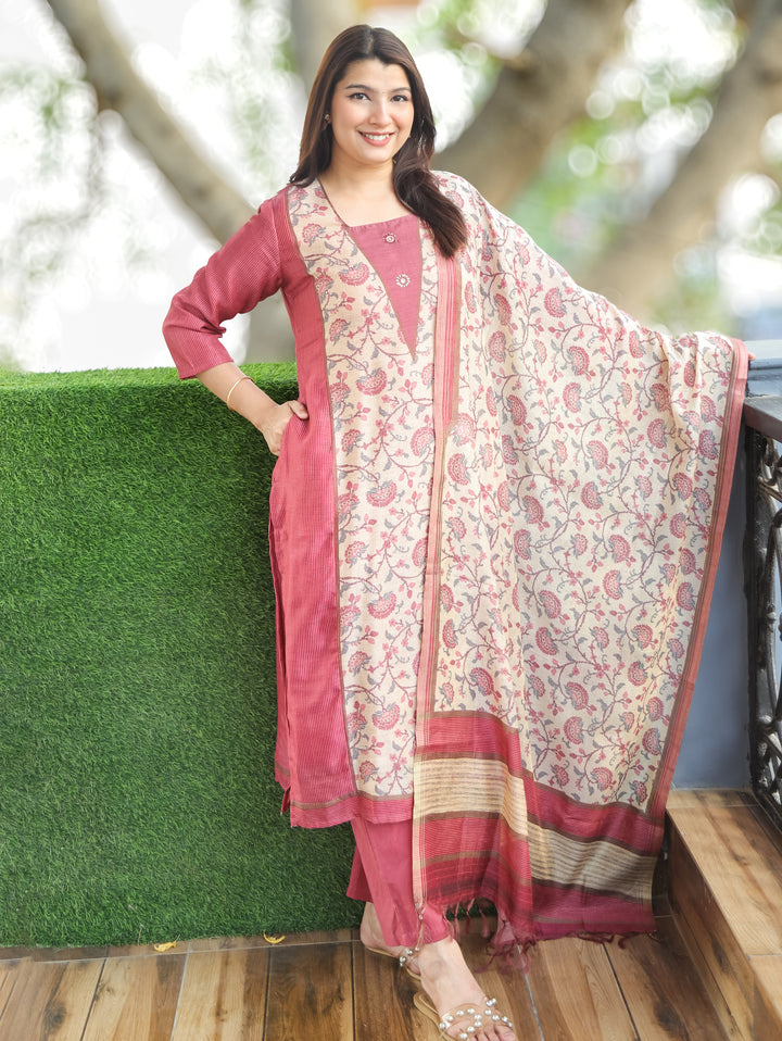 Clara Mauve Panel Tussar Chanderi 3 Piece Set