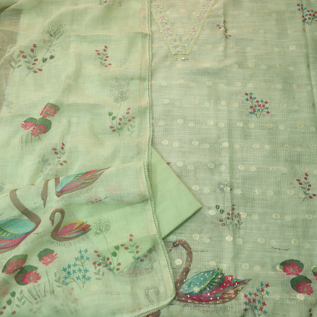 Sahiba Mint Green Knot and Spiral V Neck Lace Work Floral Printed Hem Kota Doriya Set