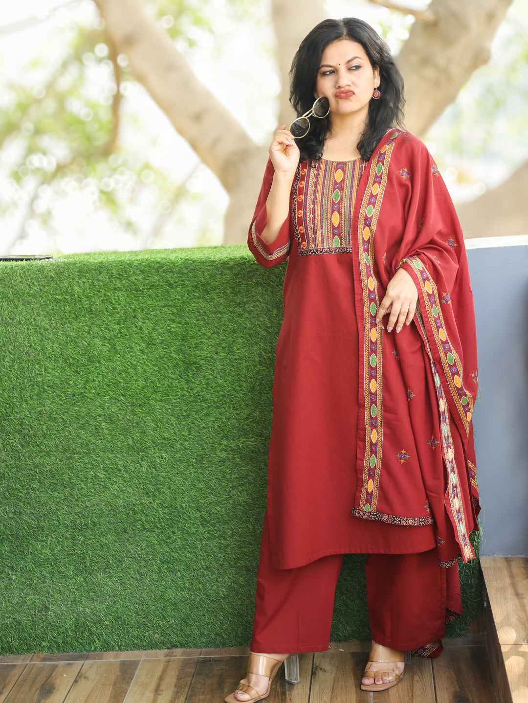 Laadli Bride Maroon Embriodered Yoke with Patra Work Cotton 3 Piece Set
