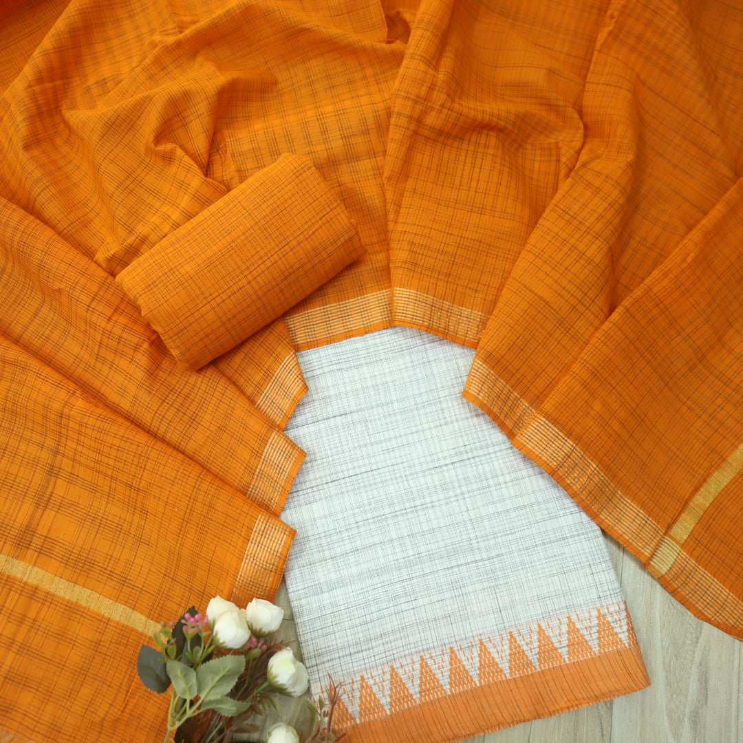 Falaq White Check with Orange Thread Weaved on Hem South Cotton Suit Set