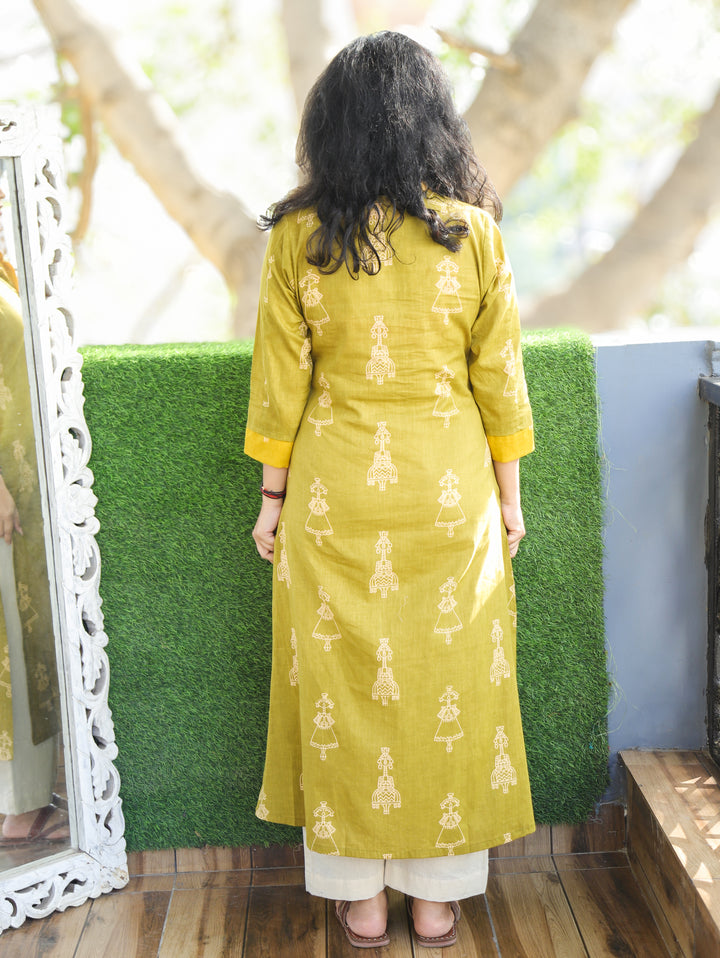 Kriya Lemon Green Doll Print Cotton Kurti