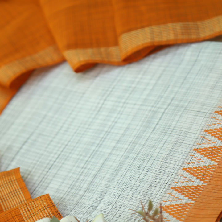 Falaq White Check with Orange Thread Weaved on Hem South Cotton Suit Set