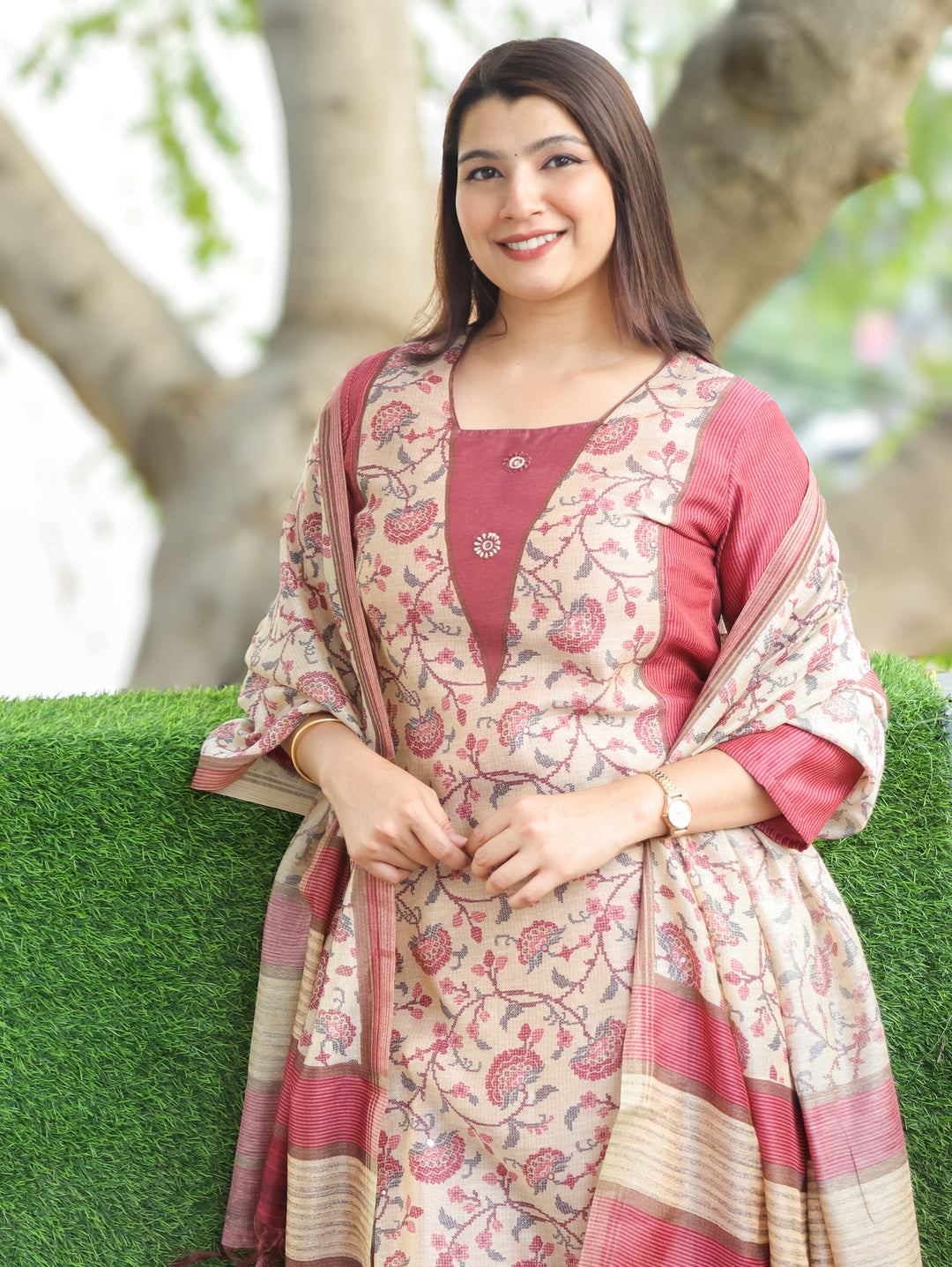 Clara Mauve Panel Tussar Chanderi 3 Piece Set