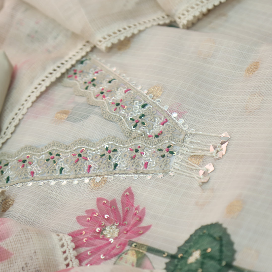 Sahiba Sand Beige Knot and Kardana V Neck Lace Work Floral Printed Hem Kota Doriya Set
