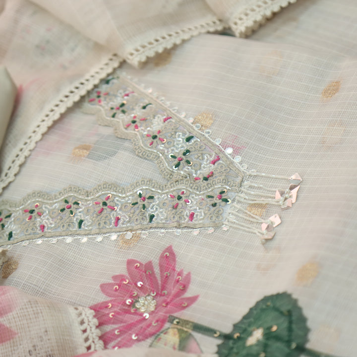 Sahiba Sand Beige Knot and Kardana V Neck Lace Work Floral Printed Hem Kota Doriya Set