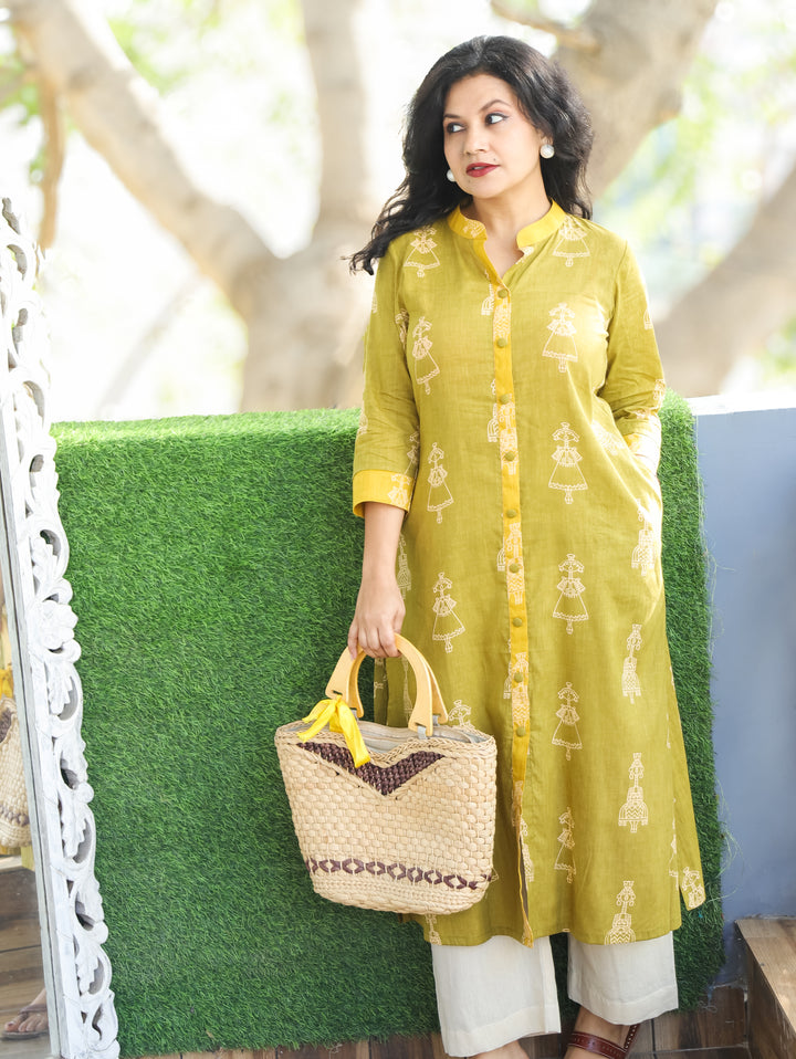 Kriya Lemon Green Doll Print Cotton Kurti
