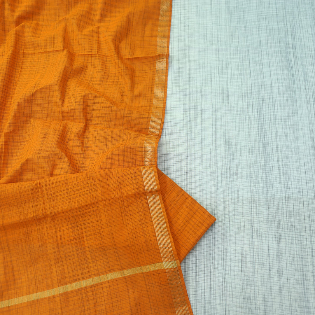Falaq White Check with Orange Thread Weaved on Hem South Cotton Suit Set