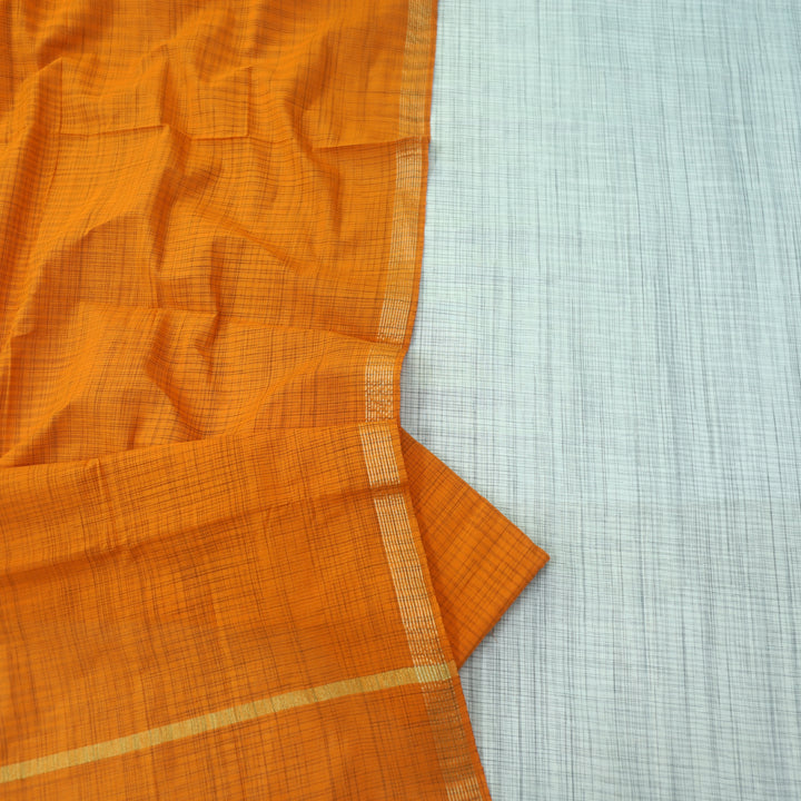 Falaq White Check with Orange Thread Weaved on Hem South Cotton Suit Set