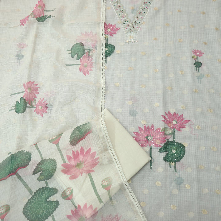 Sahiba Sand Beige Knot and Kardana V Neck Lace Work Floral Printed Hem Kota Doriya Set