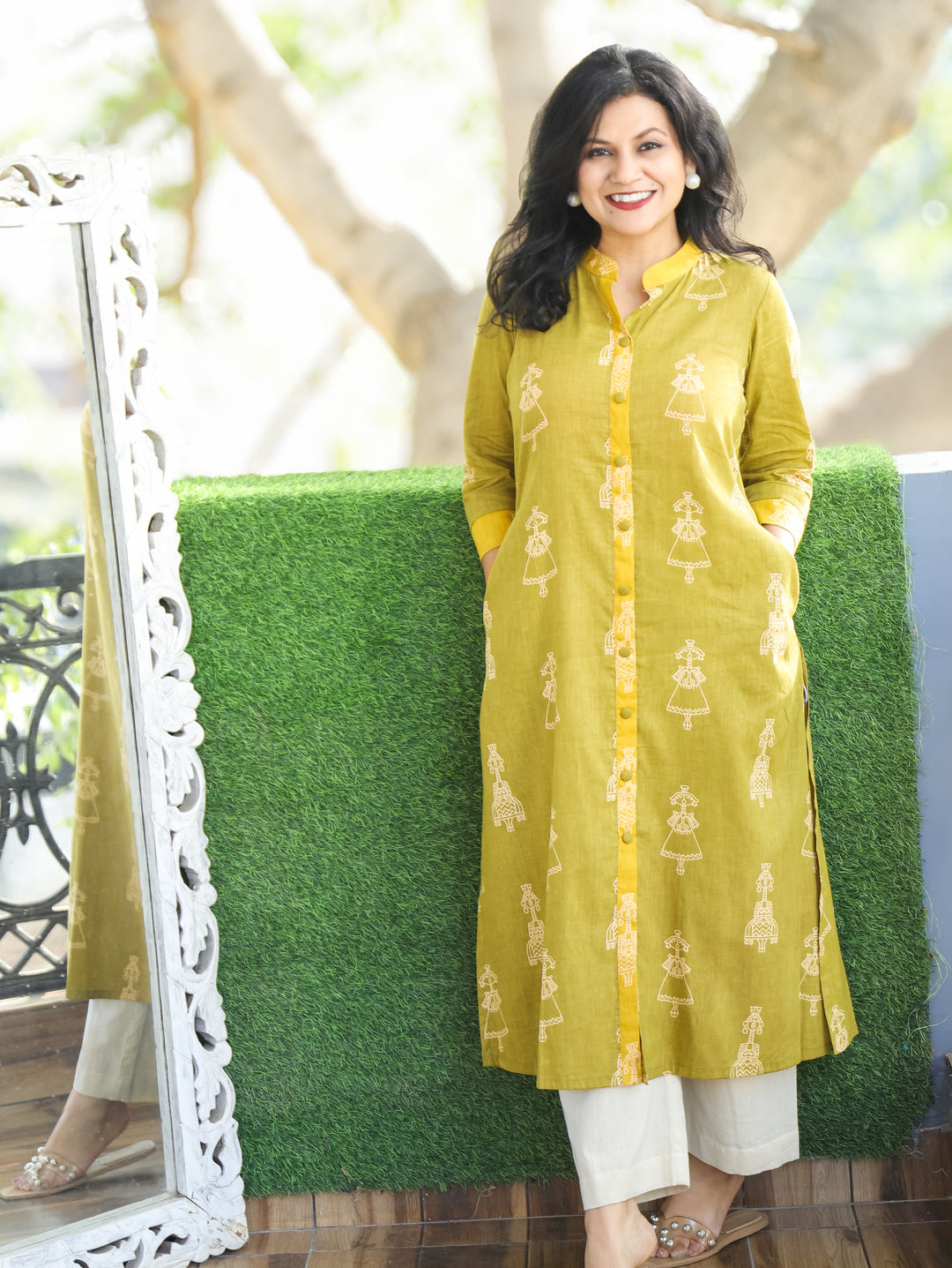 Kriya Lemon Green Doll Print Cotton Kurti