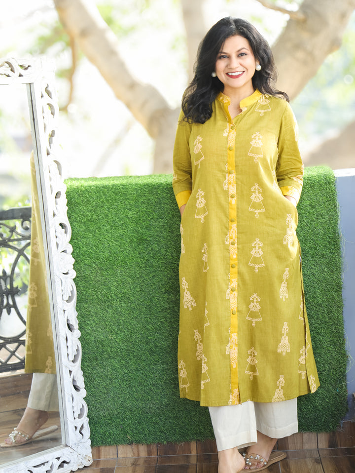 Kriya Lemon Green Doll Print Cotton Kurti