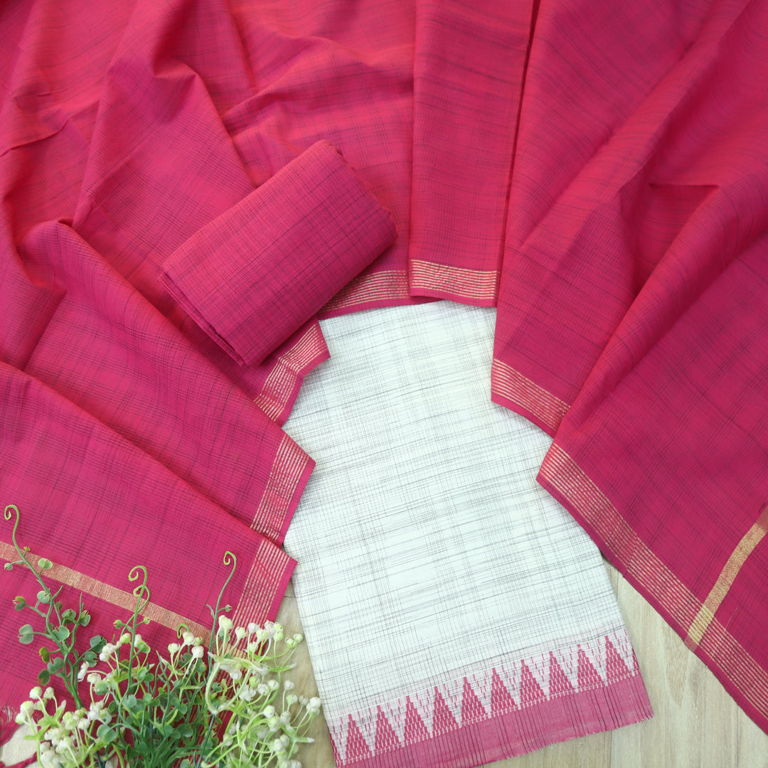 Falaq White Check with Pink Thread Weaved on Hem South Cotton Suit Set