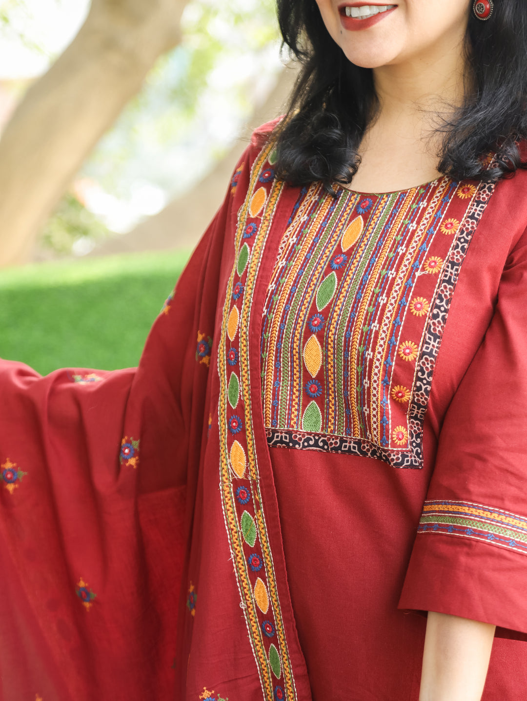 Laadli Bride Maroon Embriodered Yoke with Patra Work Cotton 3 Piece Set