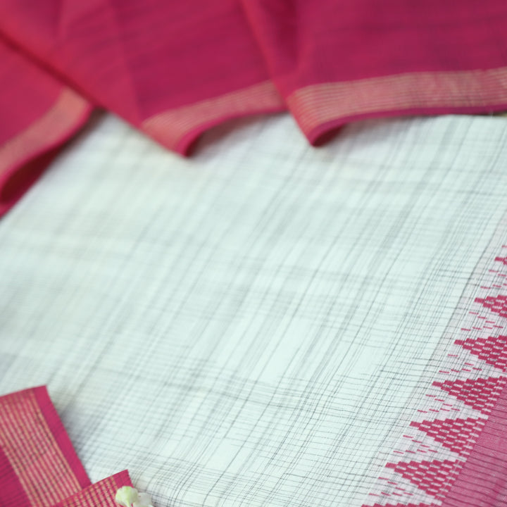 Falaq White Check with Pink Thread Weaved on Hem South Cotton Suit Set