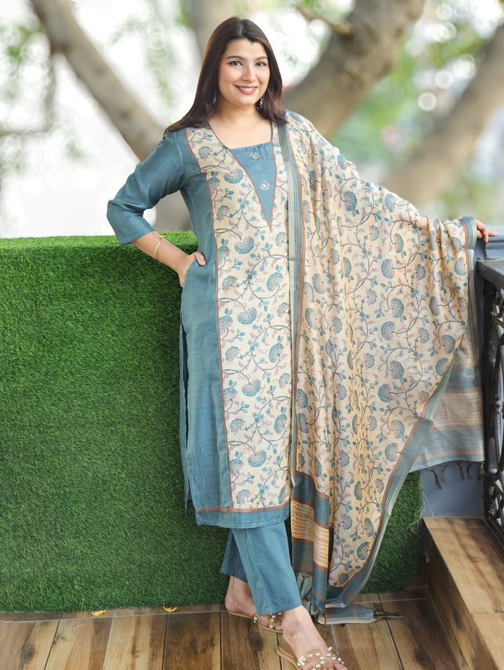 Clara Steel Blue Panel Tussar Chanderi 3 Piece Set