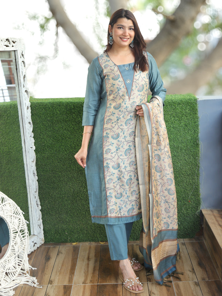 Clara Steel Blue Panel Tussar Chanderi 3 Piece Set