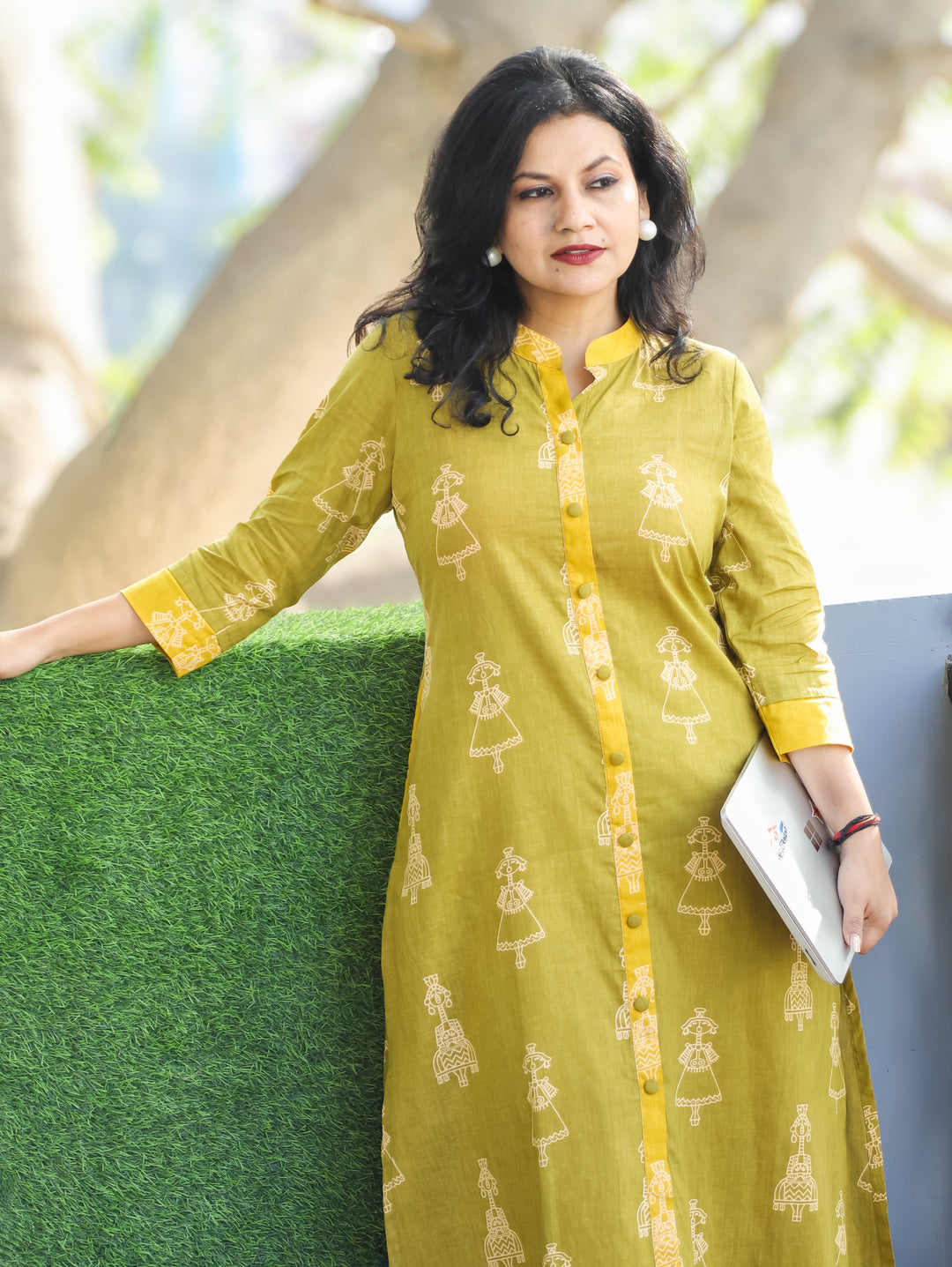 Kriya Lemon Green Doll Print Cotton Kurti