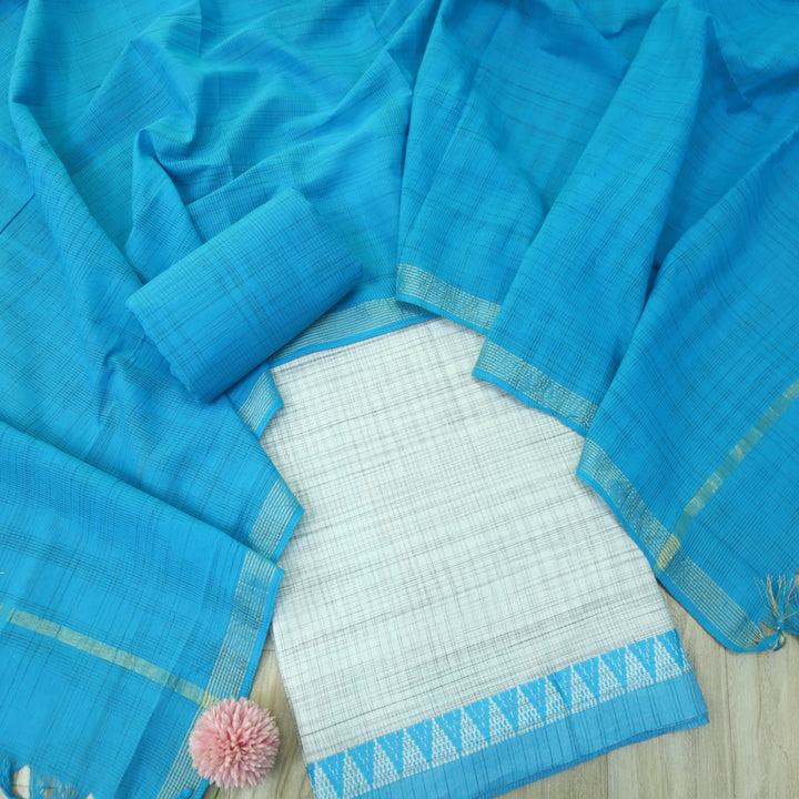 Falaq White Check with Deep Blue Thread Weaved on Hem South Cotton Suit Set