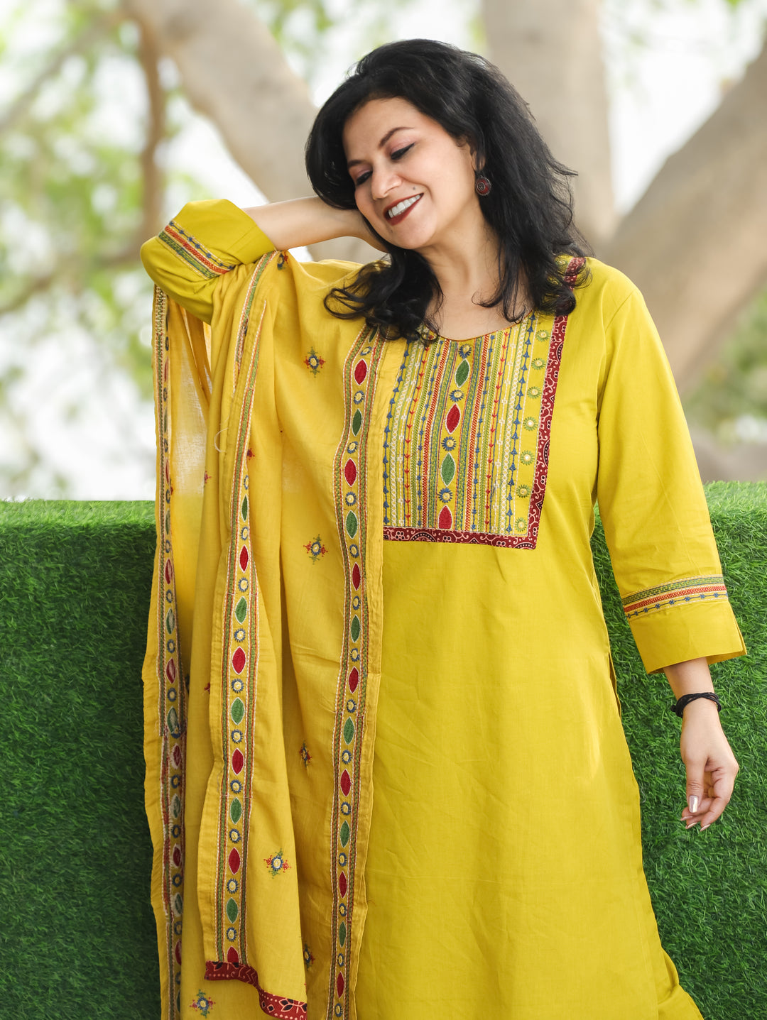 Laadli Bright Yellow Embriodered Yoke with Patra Work Cotton 3 Piece Set