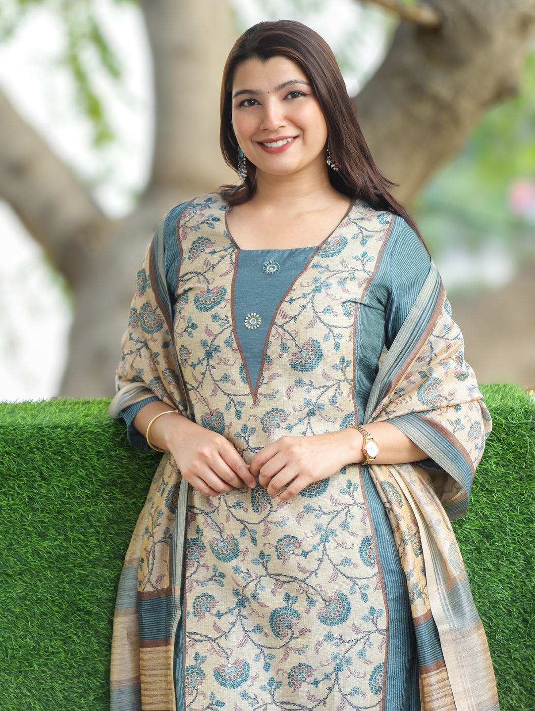 Clara Steel Blue Panel Tussar Chanderi 3 Piece Set