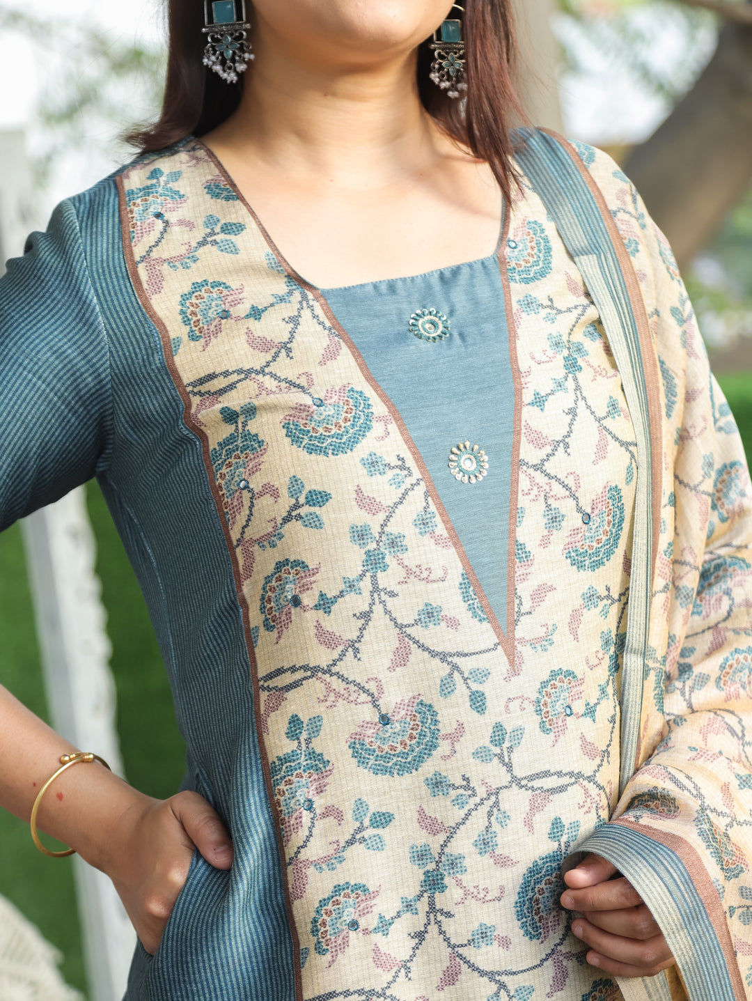 Clara Steel Blue Panel Tussar Chanderi 3 Piece Set