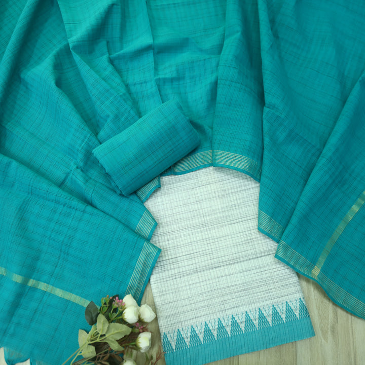 Falaq White Check with Teal Blue Thread Weaved on Hem South Cotton Suit Set