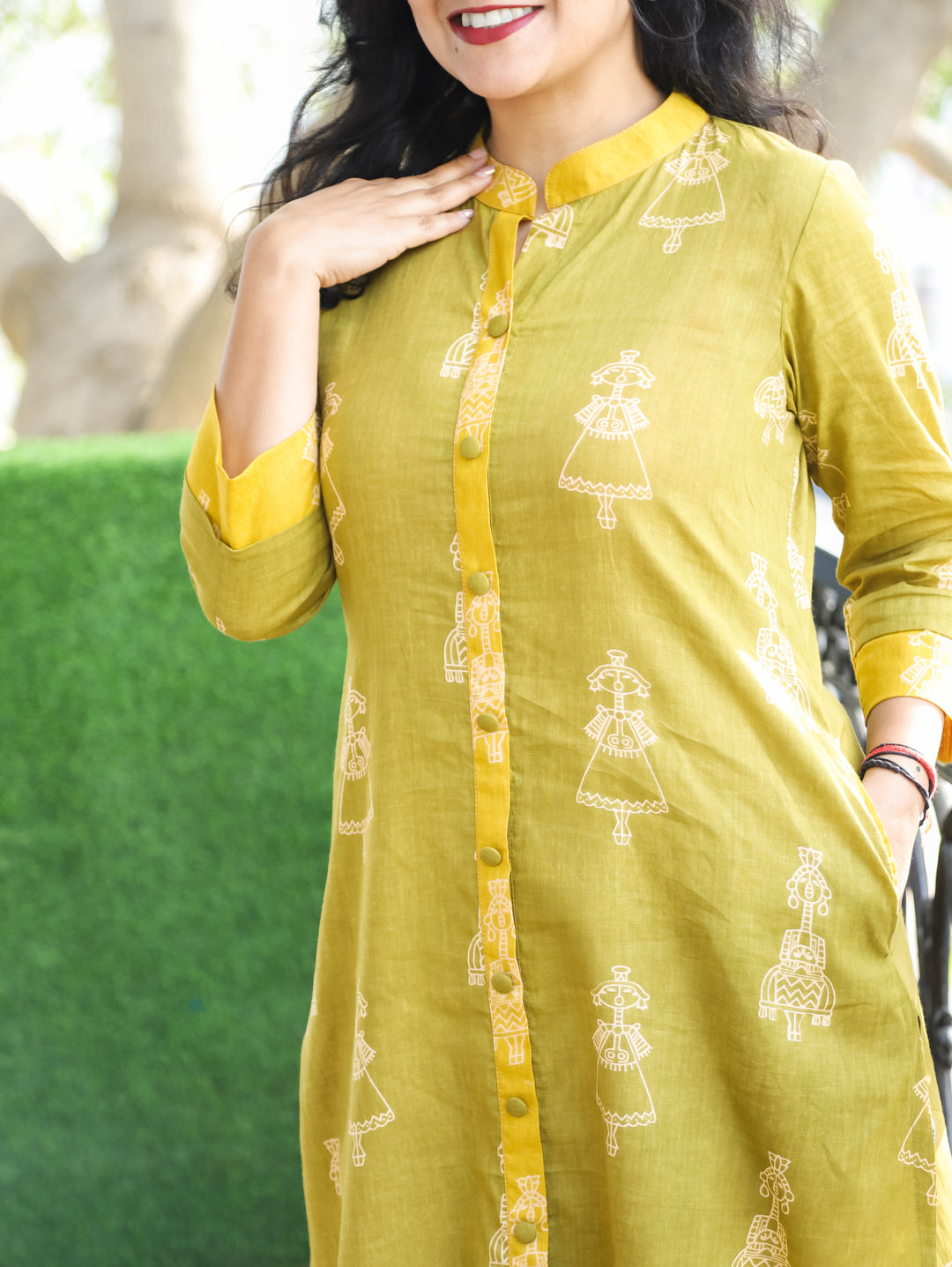 Kriya Lemon Green Doll Print Cotton Kurti