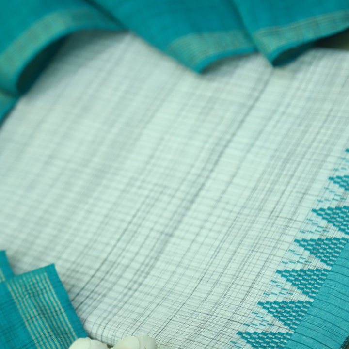 Falaq White Check with Teal Blue Thread Weaved on Hem South Cotton Suit Set