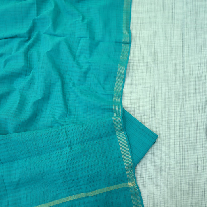 Falaq White Check with Teal Blue Thread Weaved on Hem South Cotton Suit Set